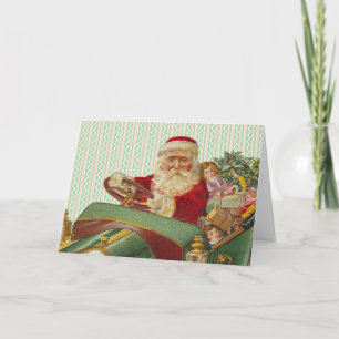 Vintage Christmas Santa in a Classic Antique Car Holiday Card
