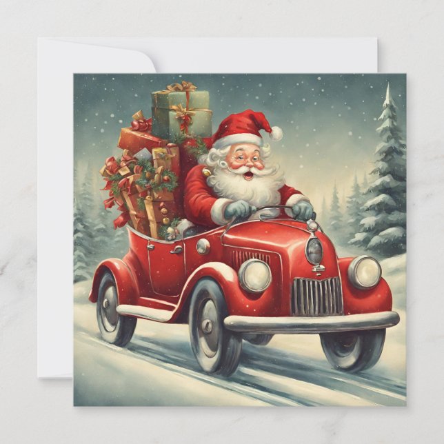 Vintage Christmas Santa in Red Car  Holiday Card (Front)