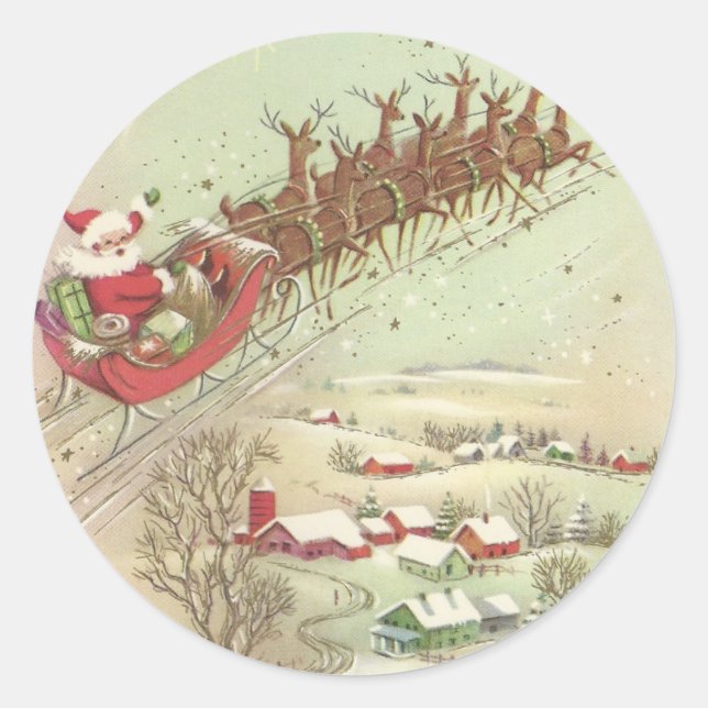 Vintage Christmas Santa In Sleigh Classic Round Sticker (Front)
