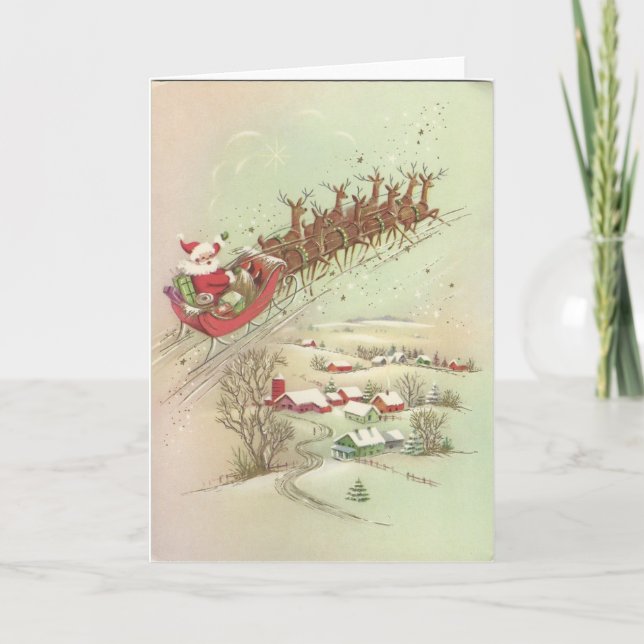 Vintage Christmas Santa In Sleigh Holiday Card (Front)