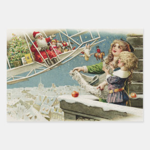 Vintage Christmas Santa in the Aeroplane and Kids Wrapping Paper Sheet