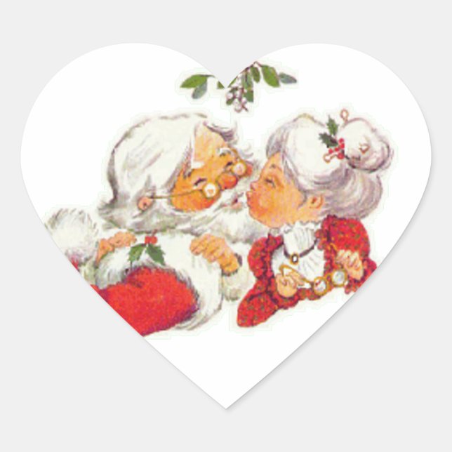 Vintage Christmas Santa Kissing Mrs Claus Heart Sticker (Front)