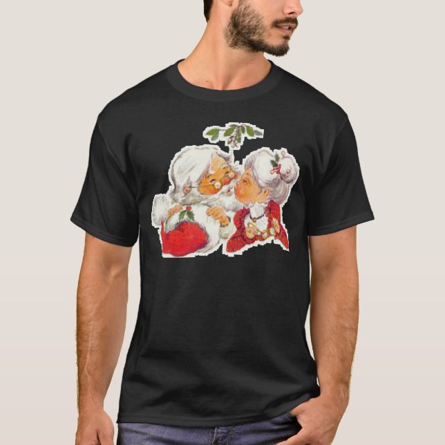 Vintage Christmas Santa Kissing Mrs Claus T-Shirt (Front)