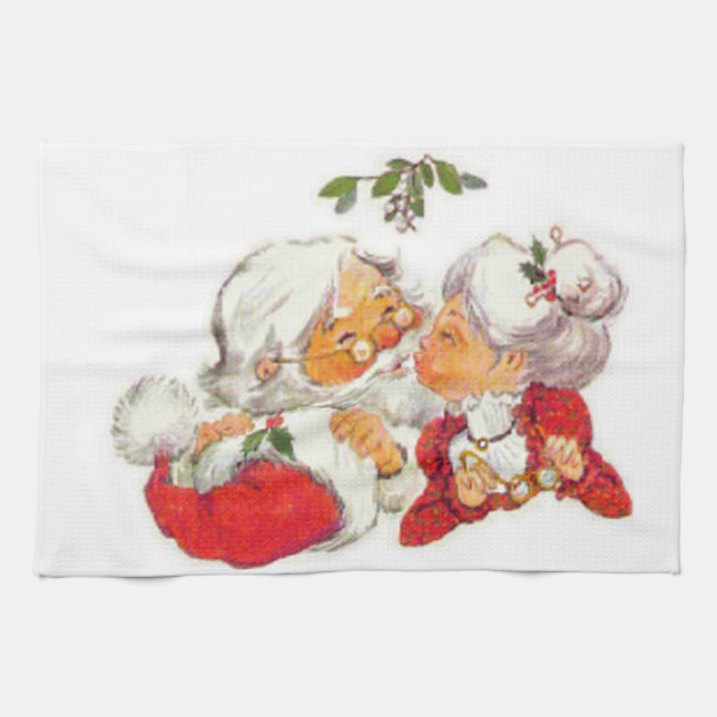 Vintage Christmas Santa Kissing Mrs Claus Tea Towel (Horizontal)