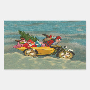 Vintage Christmas santa on motorbike rectangle Rectangular Sticker