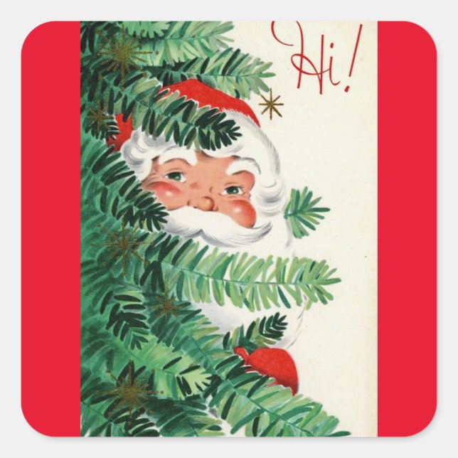 Vintage Christmas Santa Peeking Around Tree Square Sticker (Front)