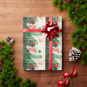 Vintage Christmas Santa Peeking Around Tree Wrapping Paper