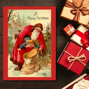 Vintage Christmas Santa Putting Child In Bag Holiday Card