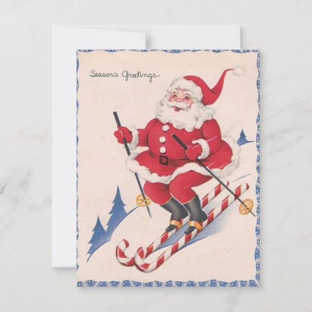 Vintage Christmas Santa Skiing Holiday Card (Front)