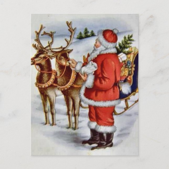 Vintage Christmas Santa Sleigh Reindeer Holiday Postcard (Front)