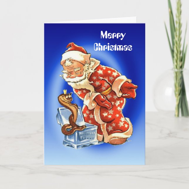 Vintage Christmas, Santa snake charmer Holiday Card (Front)