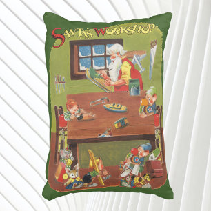 Vintage Christmas Santa with Elves in the Workshop Decorative Cushion