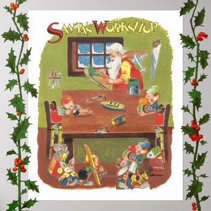 Vintage Christmas Santa with Elves in the Workshop Poster