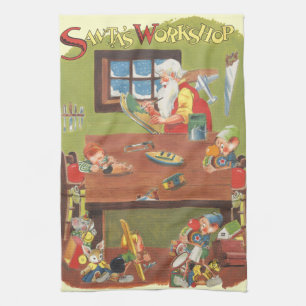 Vintage Christmas Santa with Elves in the Workshop Tea Towel