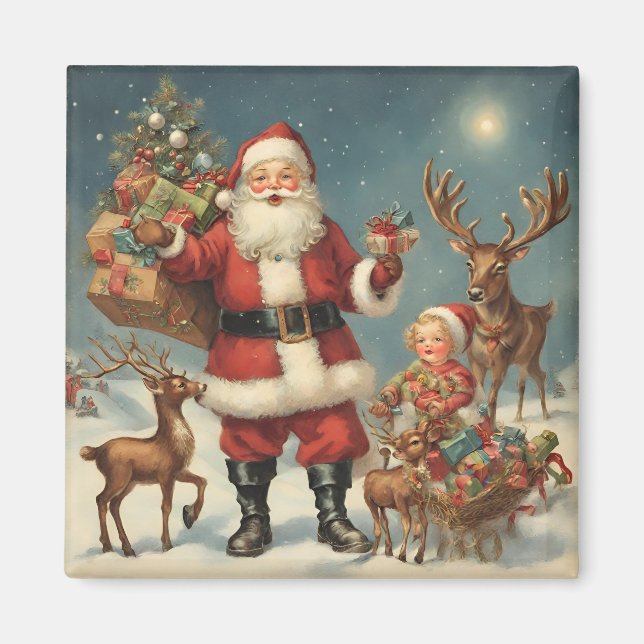 Vintage Christmas Santa with Reindeers & Presents  Magnet (Front)