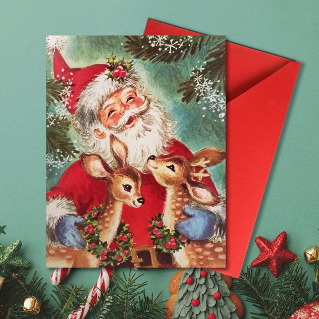 Vintage Christmas Santa With Riendeer Holiday Card (Creator Uploaded)