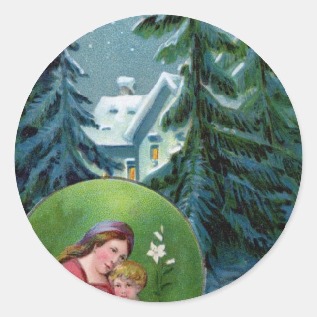 Vintage Christmas Scene Classic Round Sticker (Front)