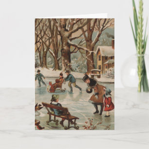 Vintage Christmas scene ice skating Holiday Card