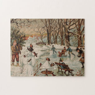 Vintage Christmas scene ice skating Jigsaw Puzzle