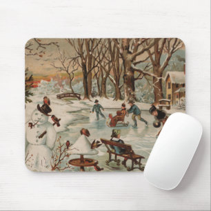 Vintage Christmas scene ice skating Mouse Pad