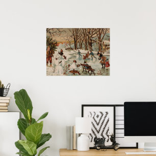 Vintage Christmas scene ice skating Poster