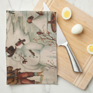 Vintage Christmas scene ice skating Tea Towel