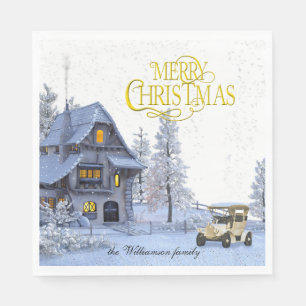 Vintage Christmas scene Merry Christmas and Photo Napkin