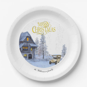 Vintage Christmas scene Merry Christmas and Photo Paper Plate