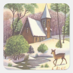 Vintage Christmas scene, Snowy Landscape with Deer Square Sticker