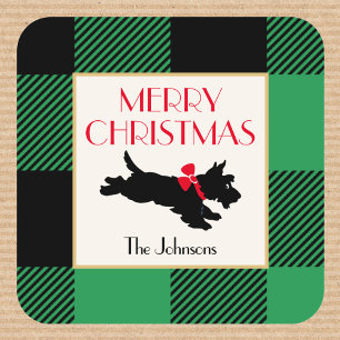 Vintage Christmas Scottie Dog Green Buffalo Plaid Square Sticker