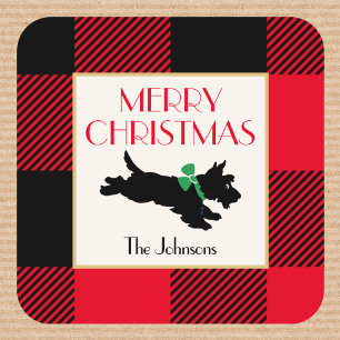 Vintage Christmas Scottie Dog Red Buffalo Plaid Square Sticker