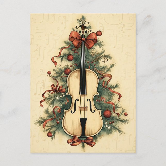 Vintage Christmas Sheet Music and Cello Holiday Postcard (Front)
