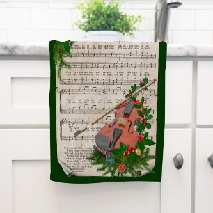 Vintage Christmas Sheet Music with Festive Violin Tea Towel