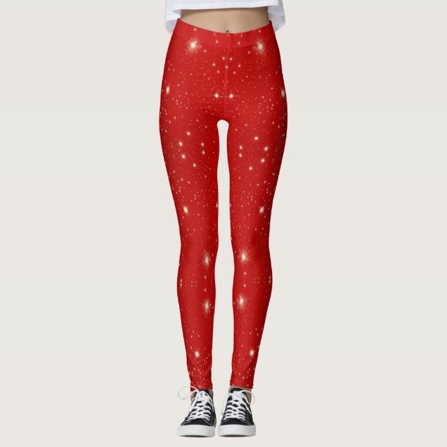 Vintage Christmas, Shining Stars in Red Galaxy Leggings (Front)