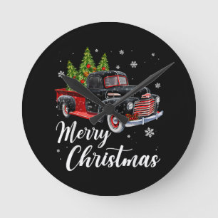 Vintage Christmas Shirt Tree on Car red Truck Round Clock
