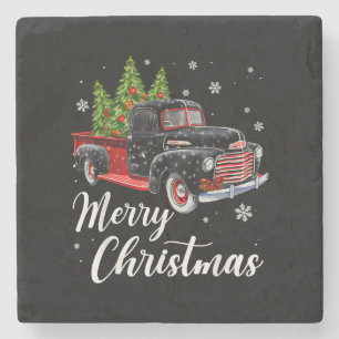 Vintage Christmas Shirt Tree on Car red Truck Stone Coaster