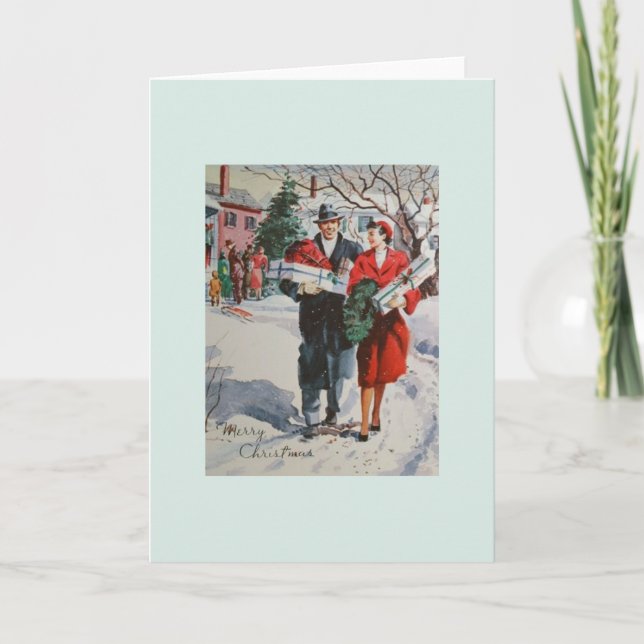 Vintage Christmas Shoppers Greeting Card (Front)