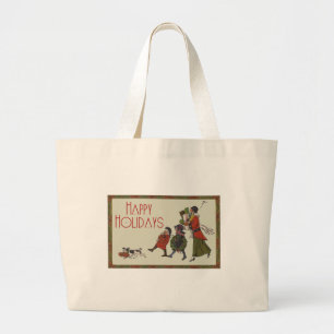 Vintage Christmas Shopping Family Fun Large Tote Bag