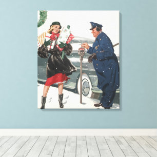 Vintage Christmas, Shopping Presents Policeman Canvas Print