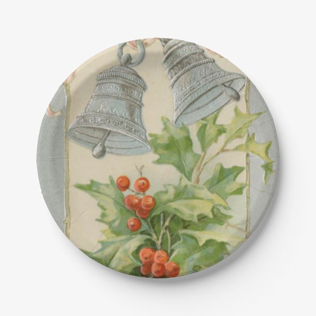 Vintage Christmas Silver Bells & Holly Paper Plate (Front)