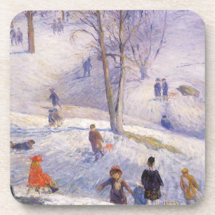 Vintage Christmas, Sledding, Central Park Glackens Coaster