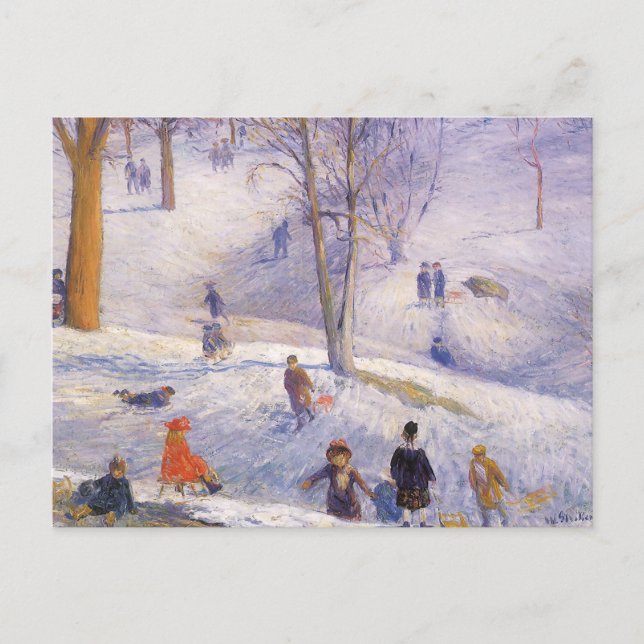 Vintage Christmas, Sledding, Central Park Glackens Holiday Postcard (Front)