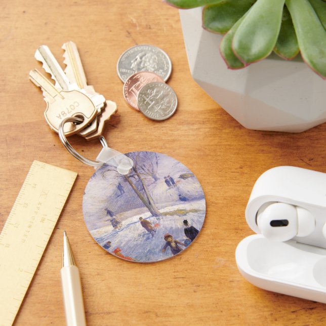 Vintage Christmas, Sledding, Central Park Glackens Key Ring (Desk)