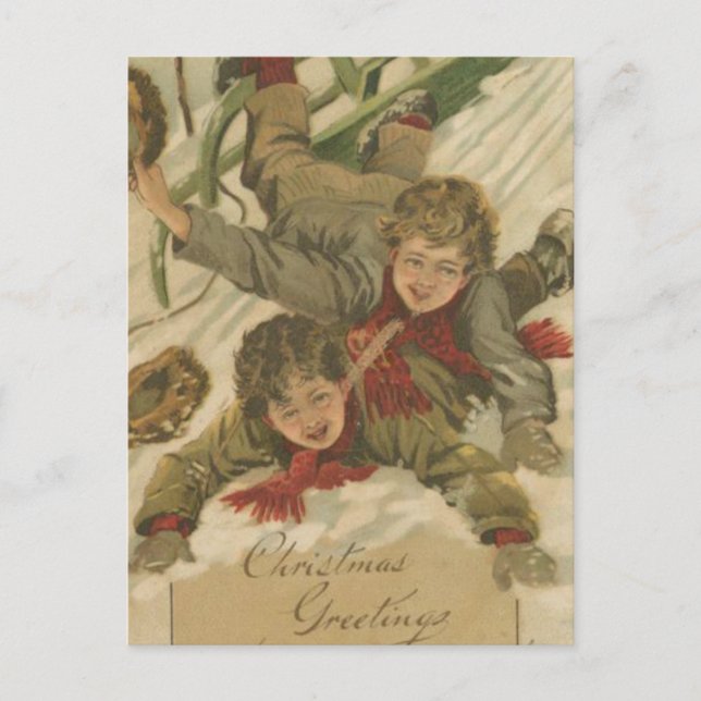 Vintage Christmas Sledding Holiday Postcard (Front)