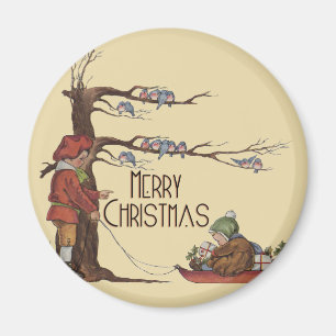 Vintage Christmas Sledding Magnet