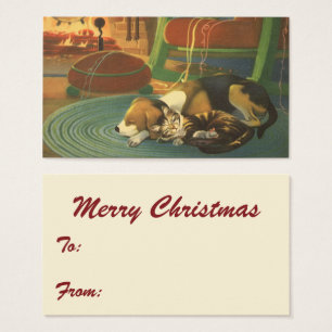 Vintage Christmas, Sleeping Animals by Fireplace