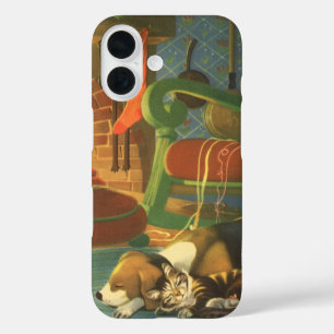 Vintage Christmas, Sleeping Animals by Fireplace iPhone 16 Case