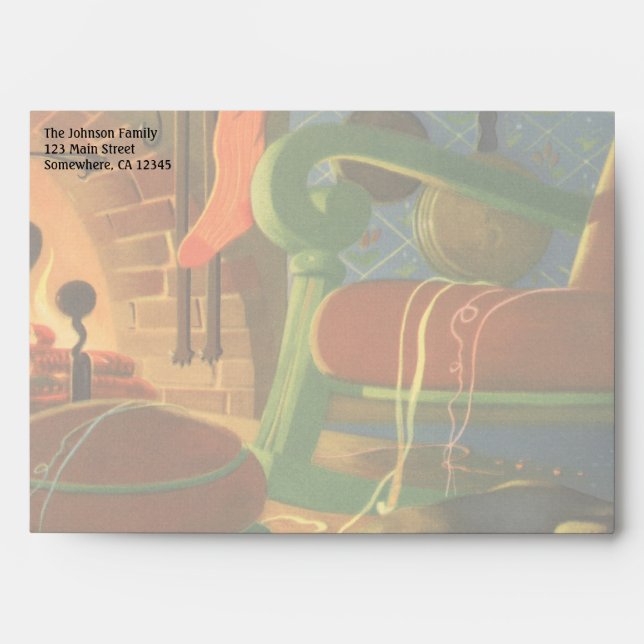 Vintage Christmas, Sleeping Animals by Fireplace Envelopes (Front)