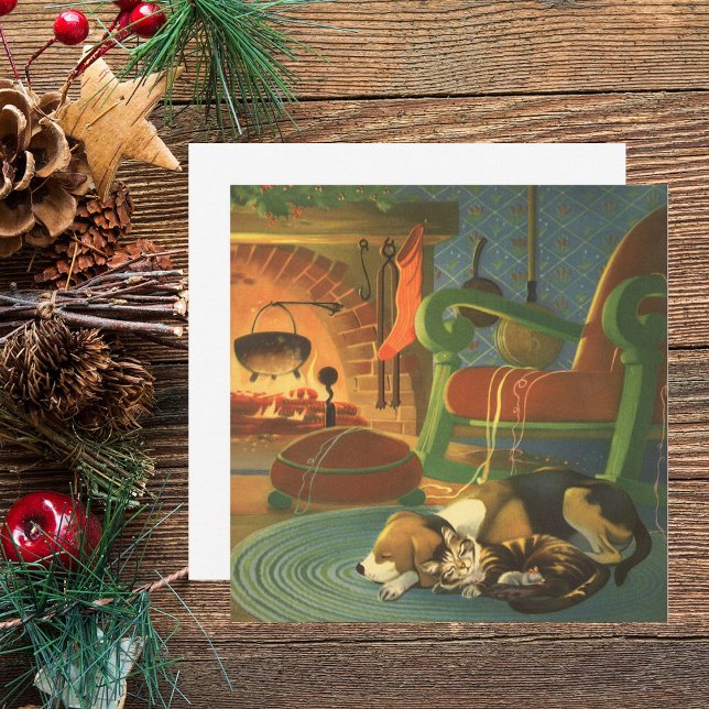 Vintage Christmas, Sleeping Animals by Fireplace Holiday Card (Creator Uploaded)