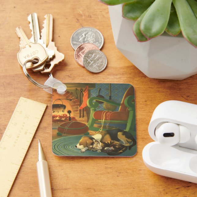 Vintage Christmas, Sleeping Animals by Fireplace Key Ring (Desk)